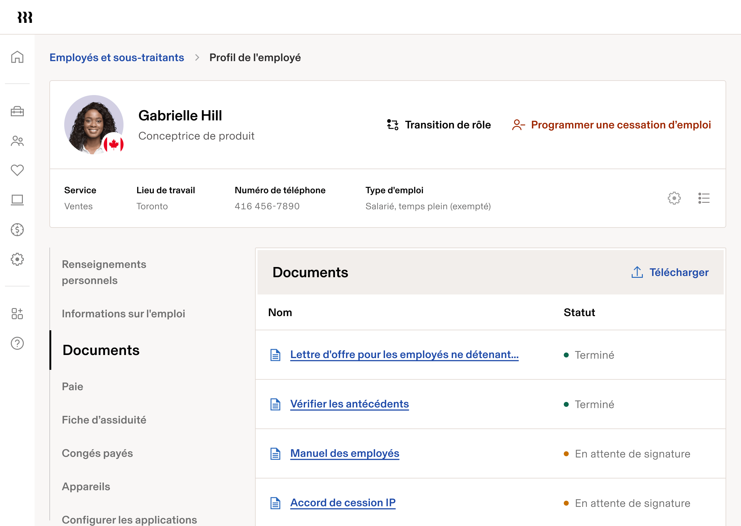 Profil d’employé – Interface utilisateur de la tablette