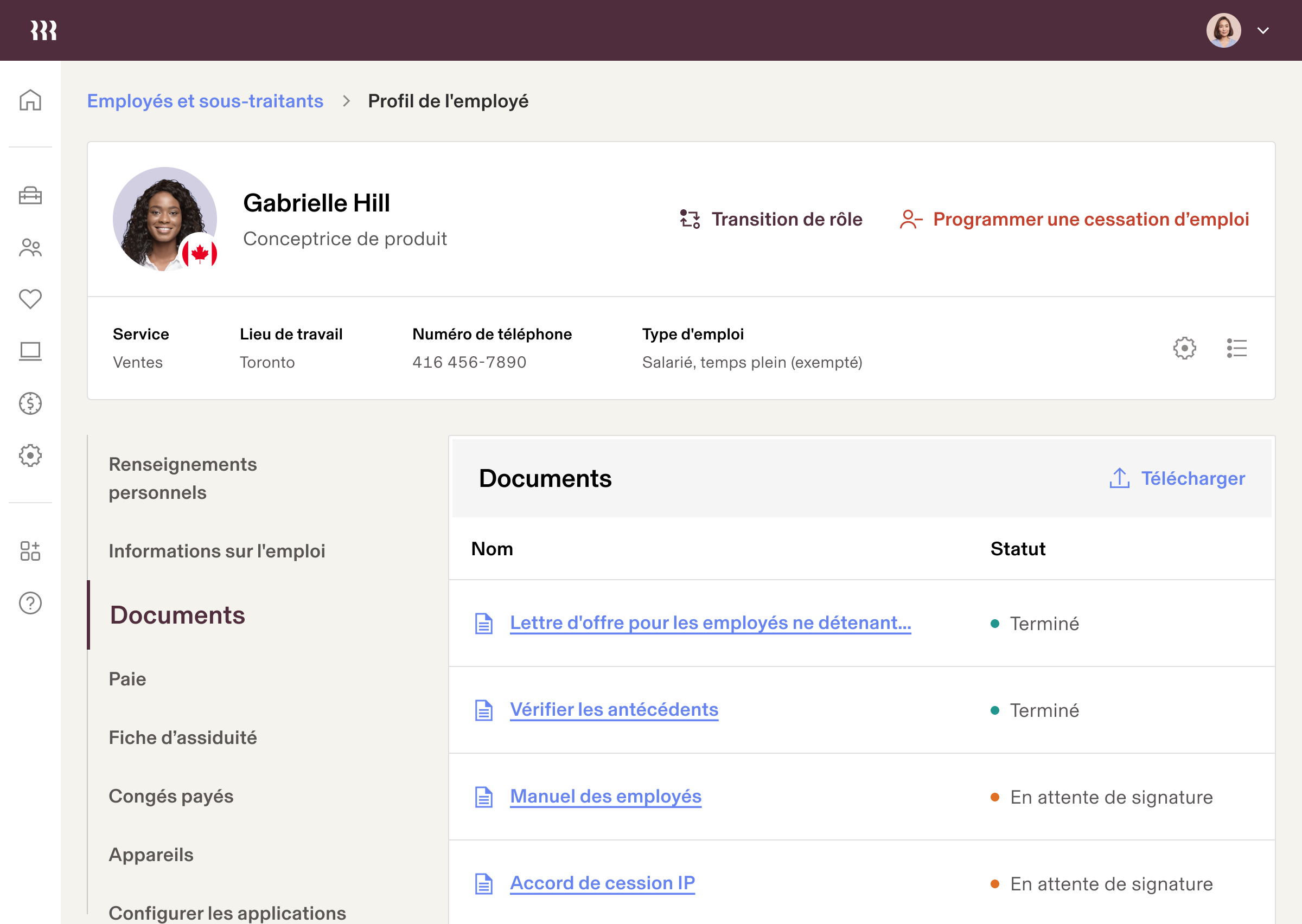 Profil d’employé – Interface utilisateur de la tablette