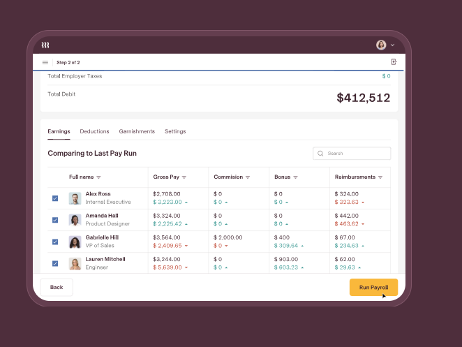 Payroll dashboard showing employee compensation details with total taxes of $412,512 and comparison of earnings across team members.