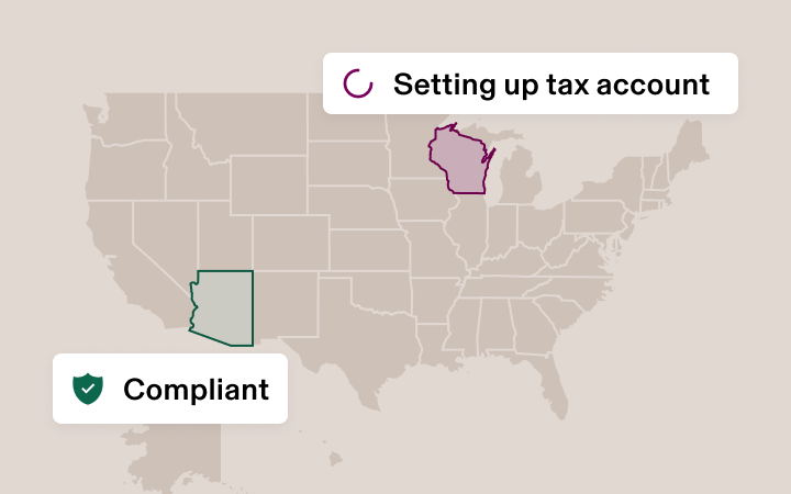 Map of the United States showing two states highlighted. One state in the Midwest is marked with an orange outline and labeled "Setting up tax account." Another state in the Southwest is marked with a teal outline and labeled "Compliant."