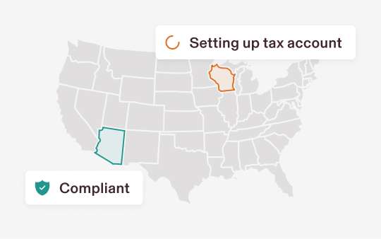 Map of the United States showing two states highlighted. One state in the Midwest is marked with an orange outline and labeled "Setting up tax account." Another state in the Southwest is marked with a teal outline and labeled "Compliant."