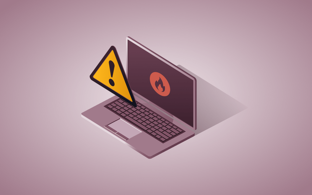 Graphic illustration of a laptop with an exclamation point alert hovering in front of its screen