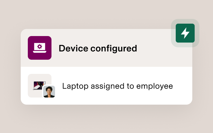 Device configuration notification showing "Device configured" and "Laptop assigned to employee" with purple laptop icon.