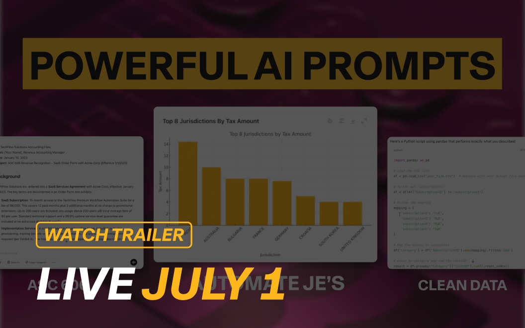 Illustration of AI-generated finance and accounting reports with text that says Watch Trailer: Live July 1