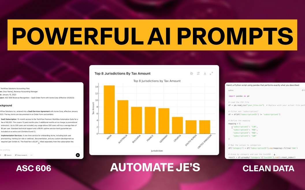 Illustration of AI-generated finance and accounting reports with text that says Powerful AI Prompts