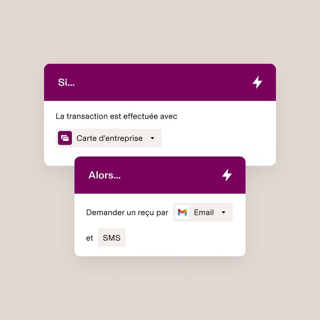 Automation interface showing "If transaction is made with Corporate card, Then request receipt via Email and SMS" workflow.