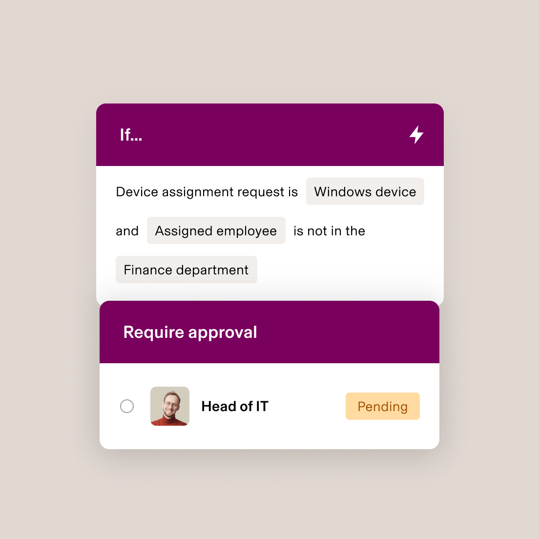 Device assignment approval interface showing Windows device request for non-Finance employee, pending Head of IT approval.