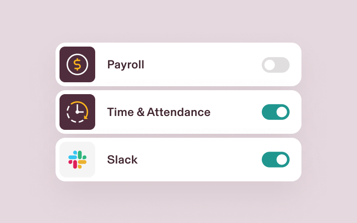 Mobile app interface showing three toggleable options: Payroll (off), Time & Attendance (on), and Slack (on) against light pink background.