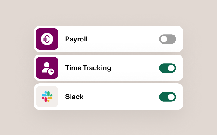 Mobile app interface showing three toggleable options: Payroll (off), Time & Attendance (on), and Slack (on) against light pink background.