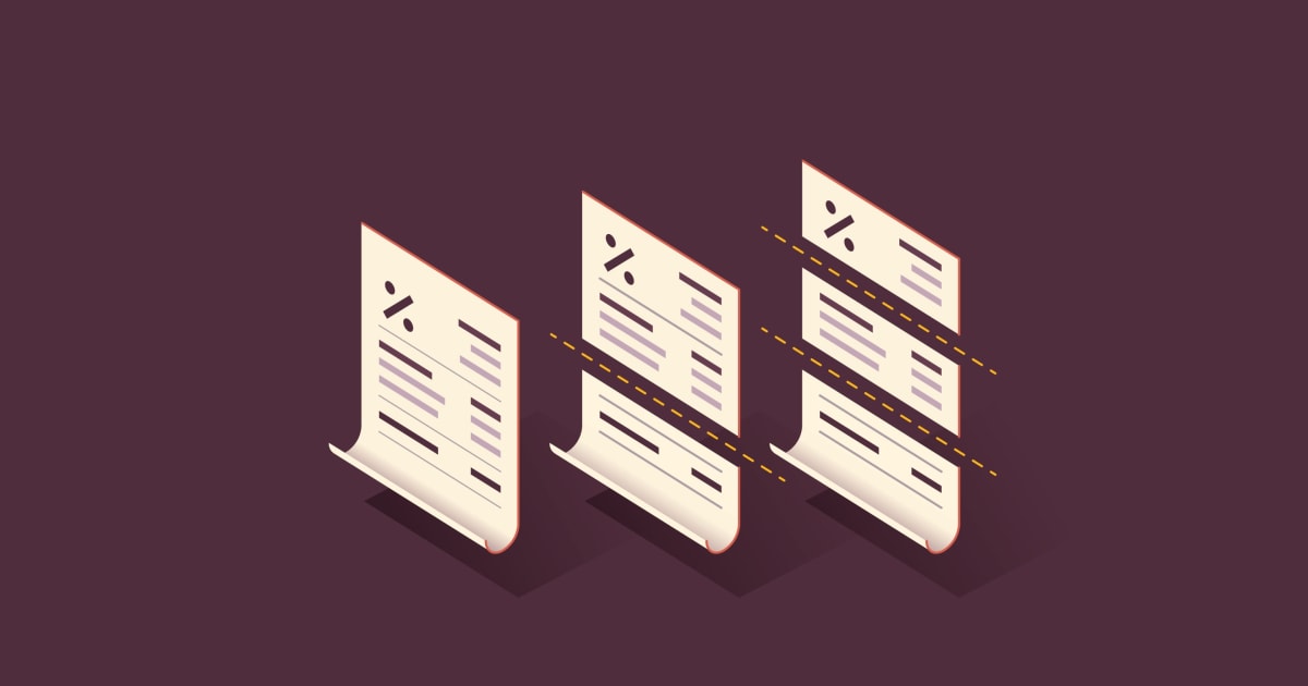 Graphic illustration of three documents in a row with dotted lines slicing two of the documents into parts