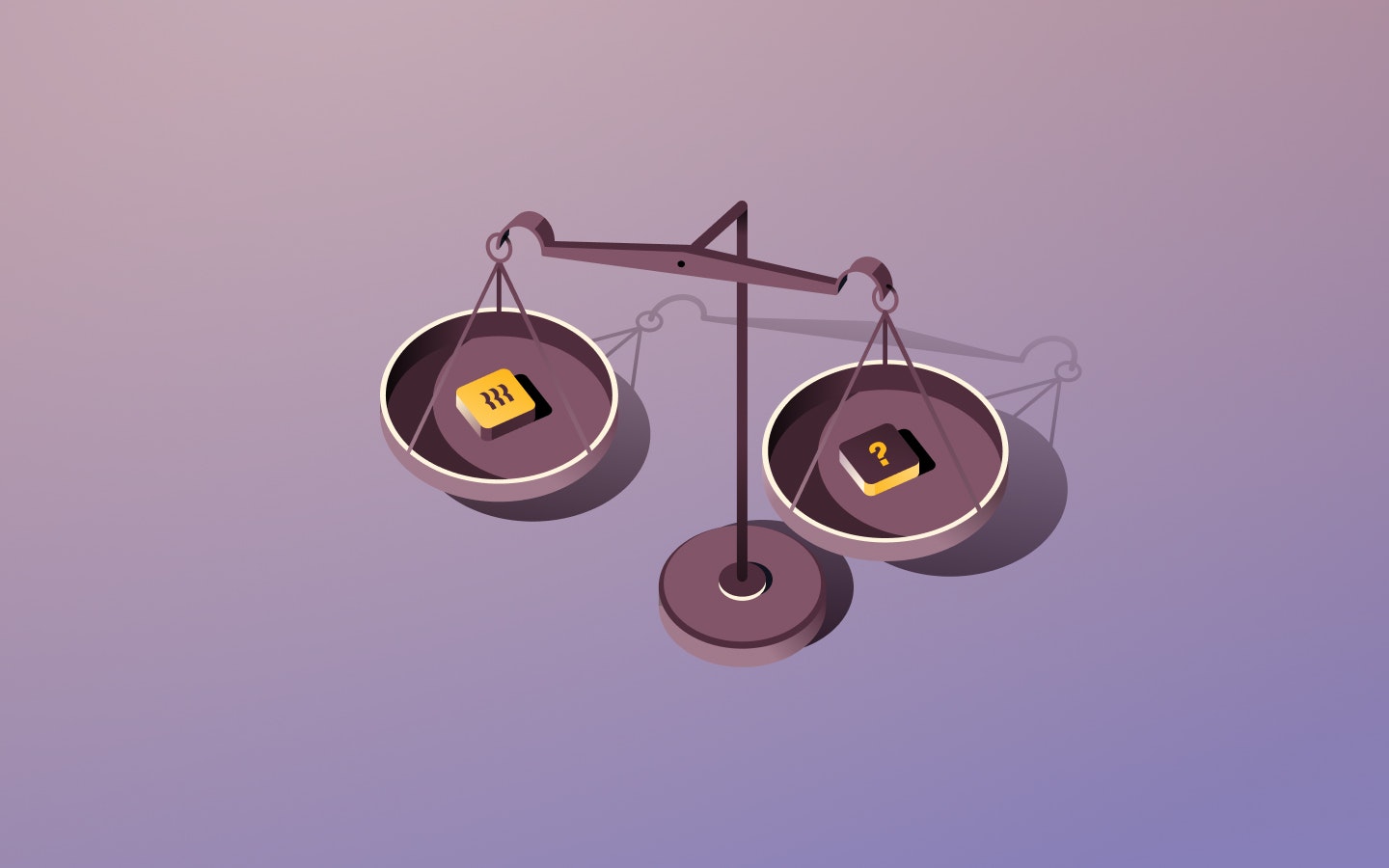 Balance scale with two trays holding small labeled blocks on a soft purple gradient background