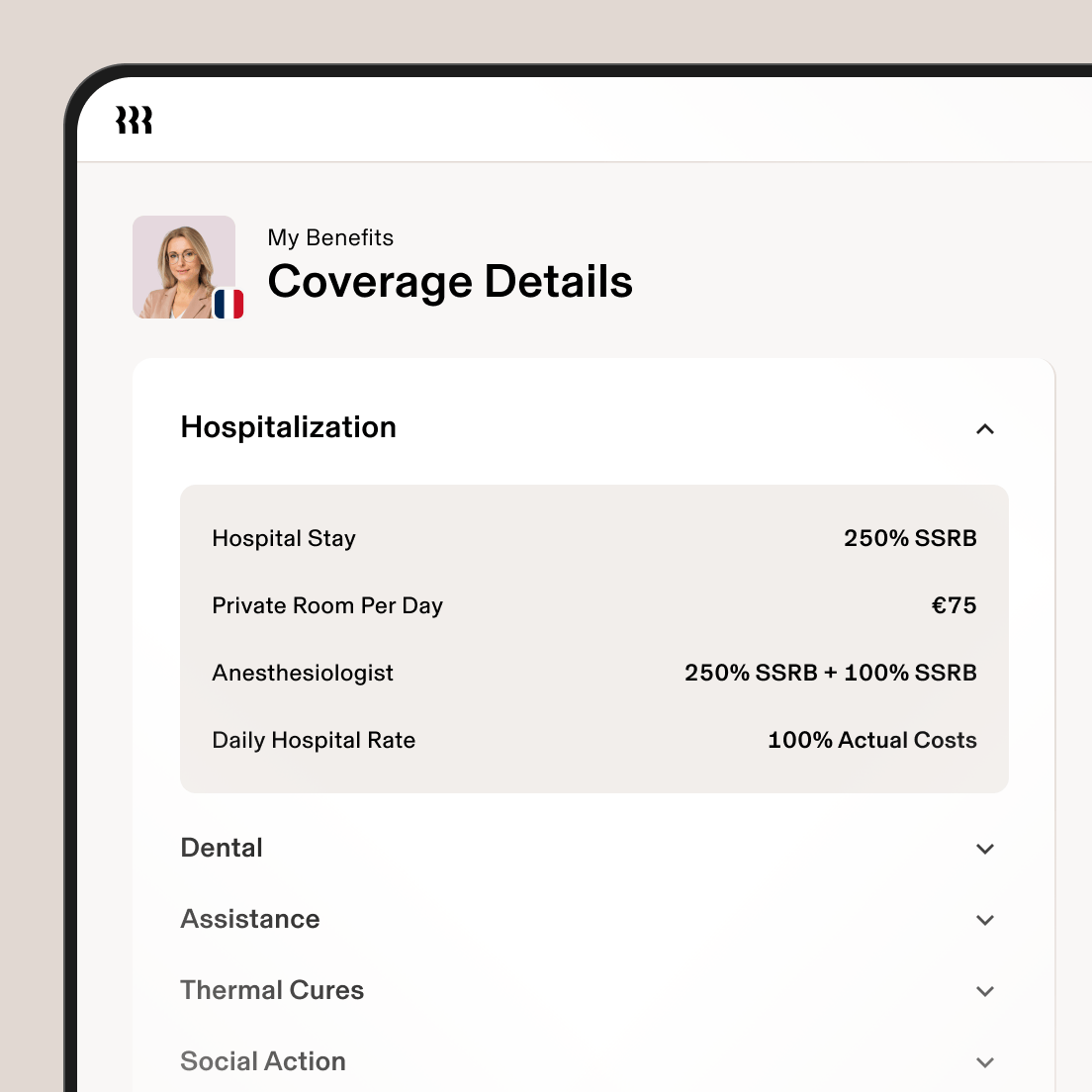 Mobile app screen showing health insurance coverage details with hospitalization benefits expanded, displaying costs and coverage rates.