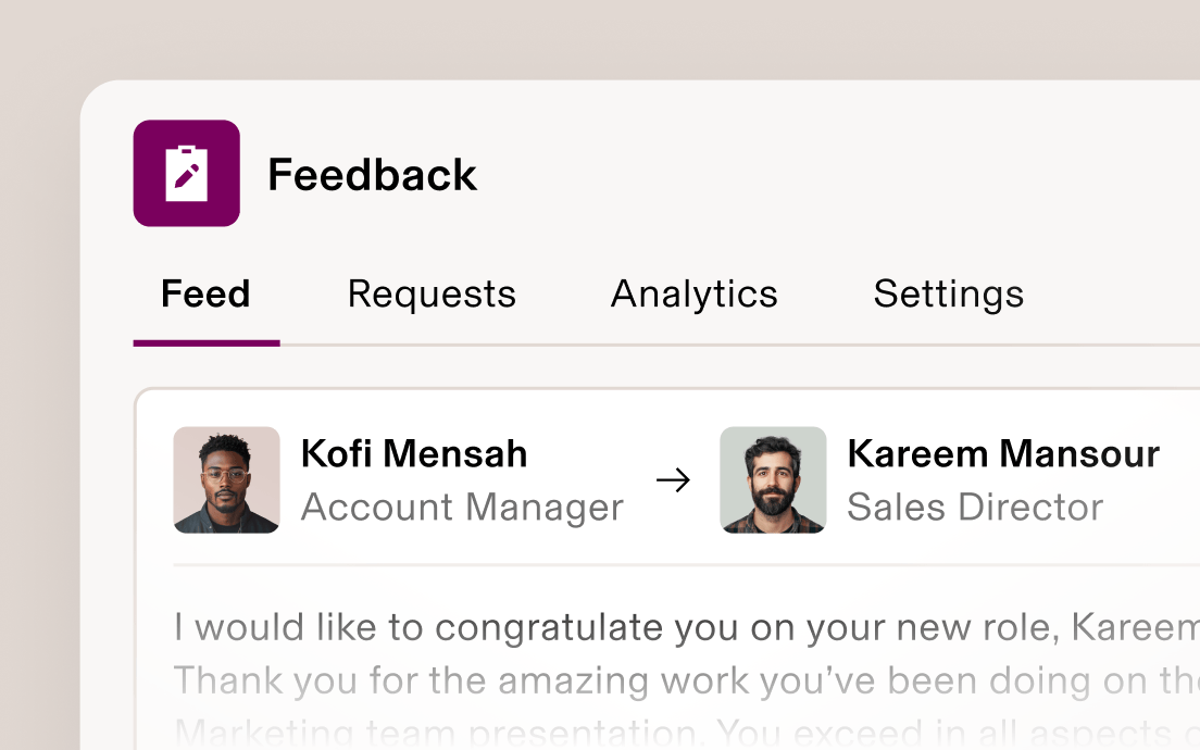 Feedback interface showing a message from Account Manager Kofi Mensah to Sales Director Kareem Mansour.