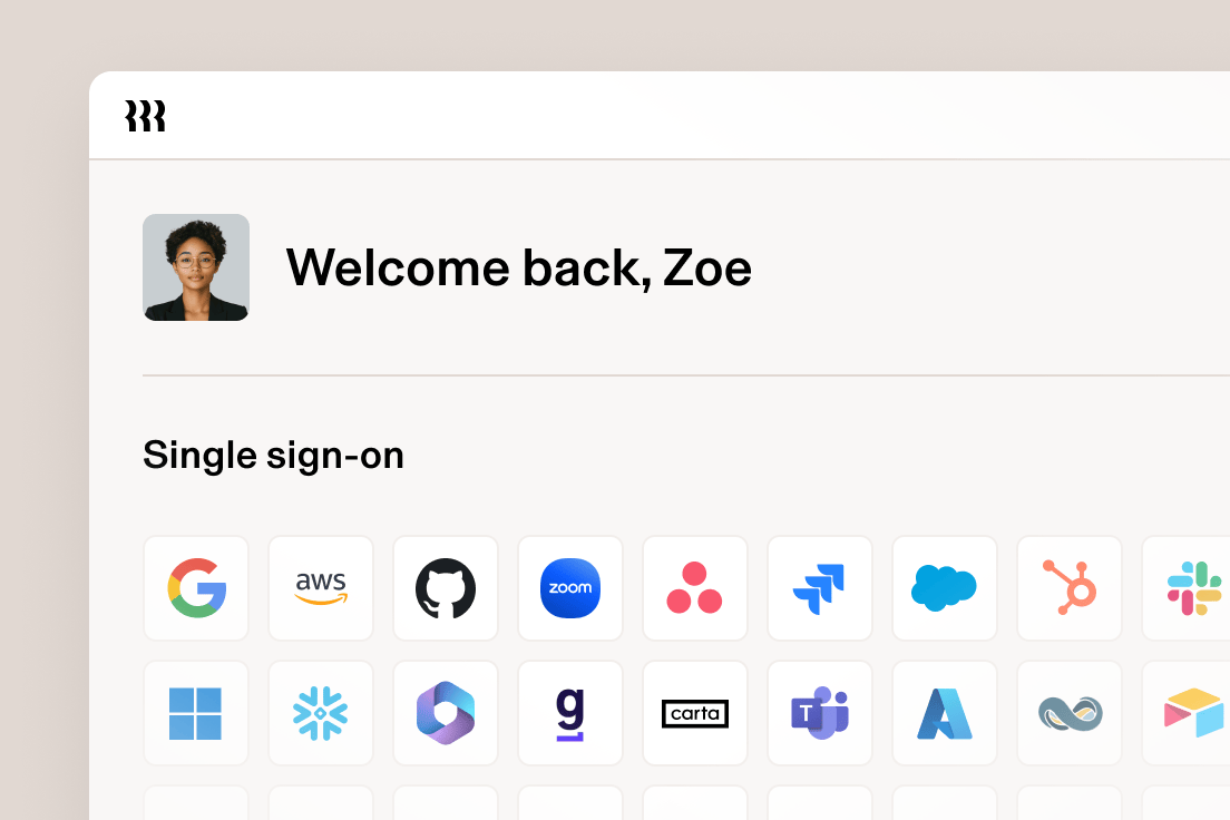 Single sign-on dashboard showing various app icons including Google, AWS, GitHub, Zoom, and Microsoft with user welcome message.