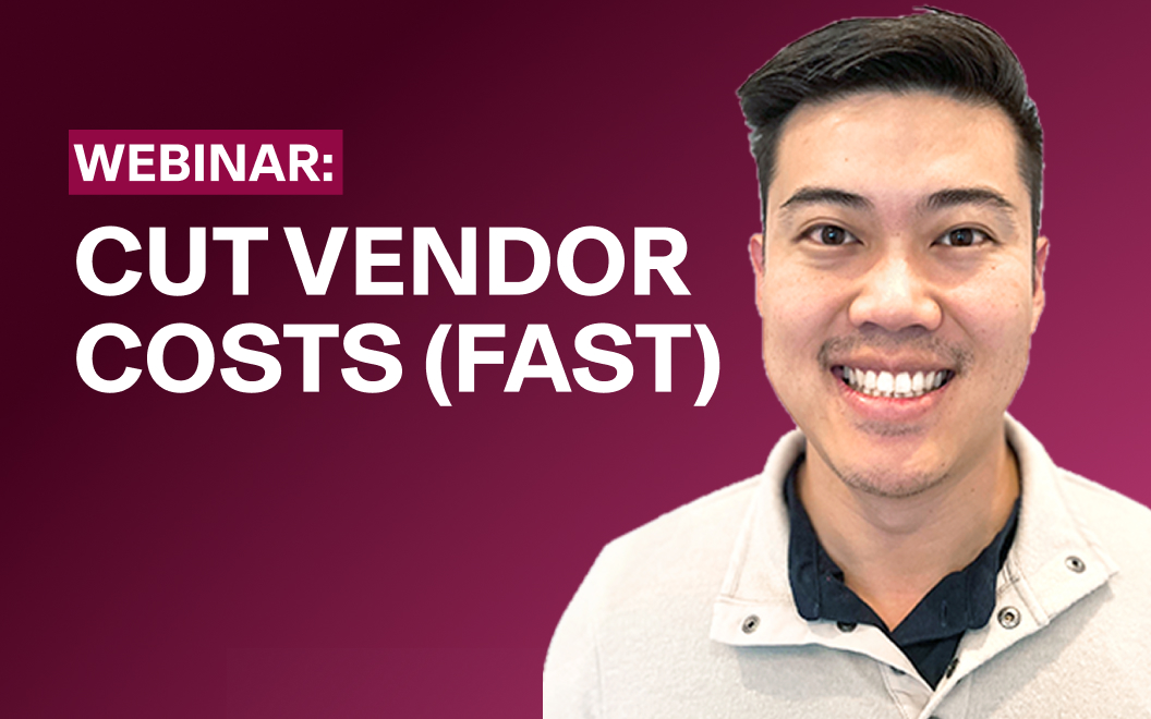 Photograph of Steven Wu, CFO at Guideline, with text that says "Webinar: Cut Vendor Costs (Fast)"
