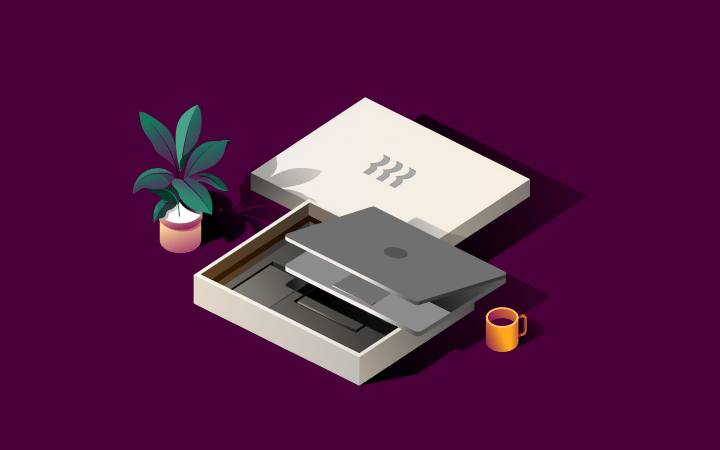 Isometric illustration of an open box containing a laptop and tablet, with a small plant and orange mug on purple background.