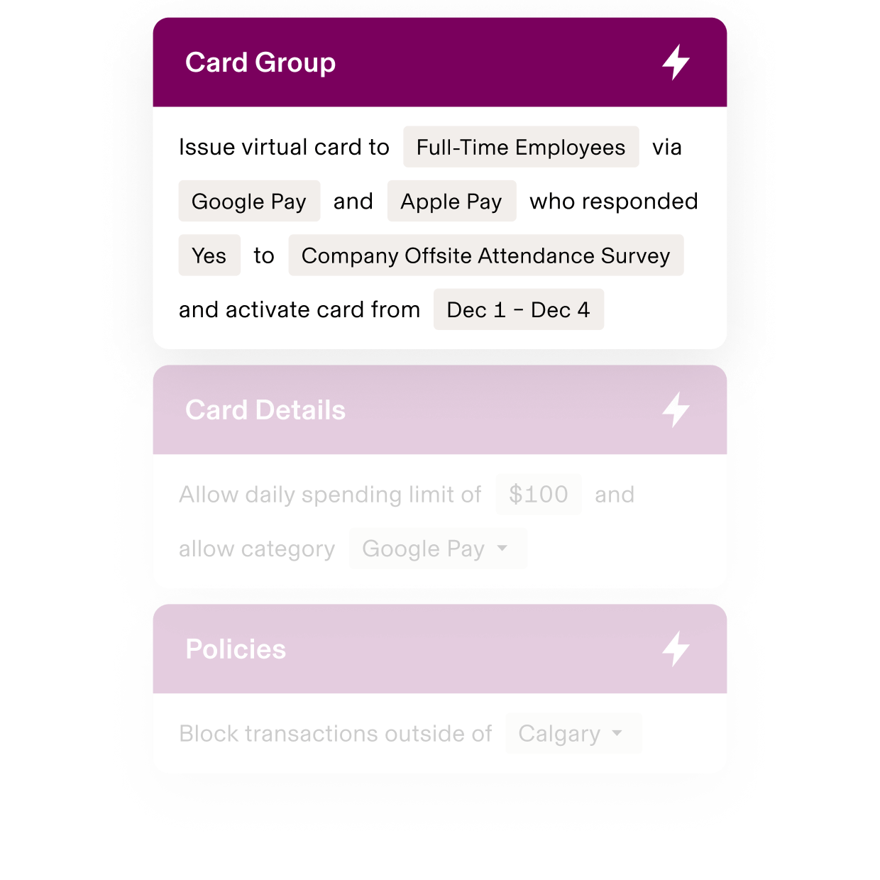 Mobile interface showing virtual card setup for employees with $100 daily limit, Google Pay integration, and Dallas location restriction.