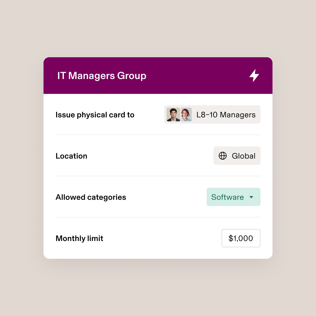 IT Managers Group interface showing card issuance settings for L8-10 Managers with global access, software category, and $1,000 monthly limit.