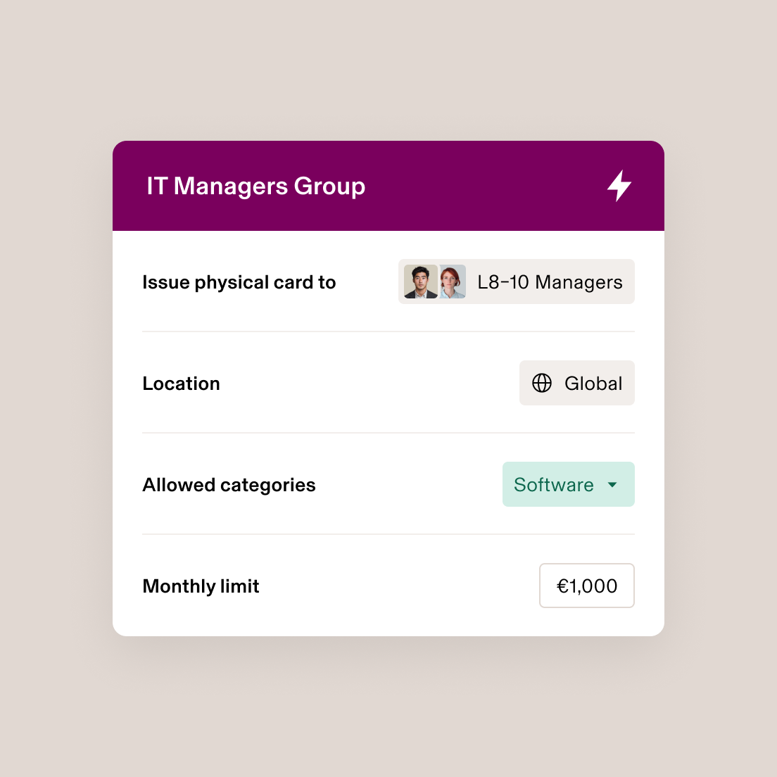 IT Managers Group interface showing card issuance settings for L8-10 Managers with global access, software category, and $1,000 monthly limit.