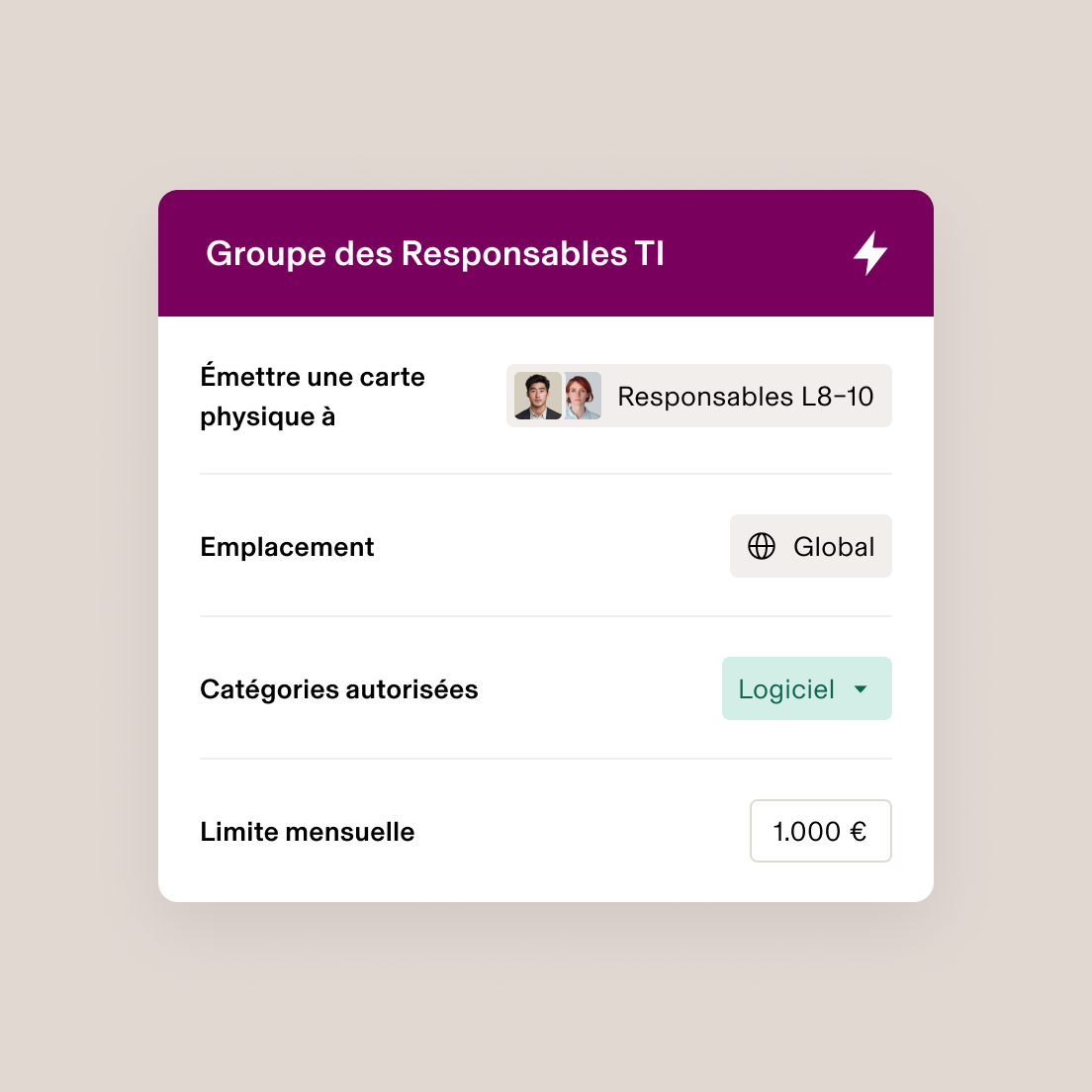 IT Managers Group interface showing card issuance settings for L8-10 Managers with global access, software category, and $1,000 monthly limit.
