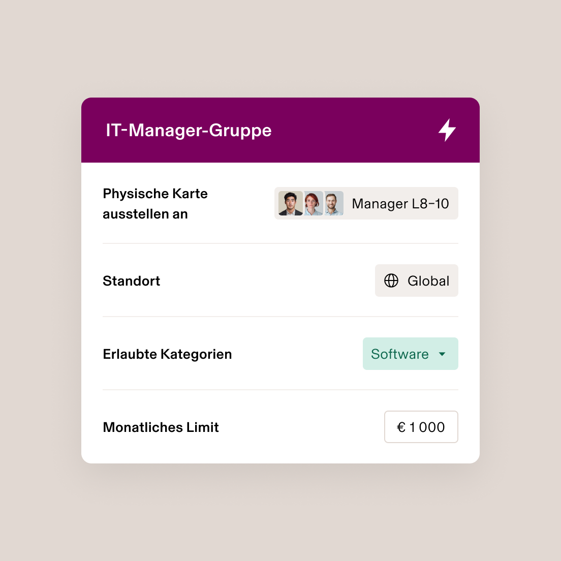 IT Managers Group interface showing card issuance settings for L8-10 Managers with global access, software category, and $1,000 monthly limit.