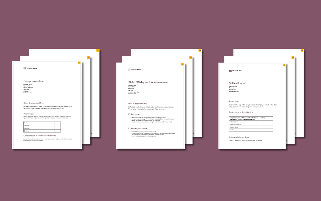 A graphic illustration of three stacks of employee evaluation templates, including templates for a group evaluation, 30/60/90-day performance review, and self-evaluation