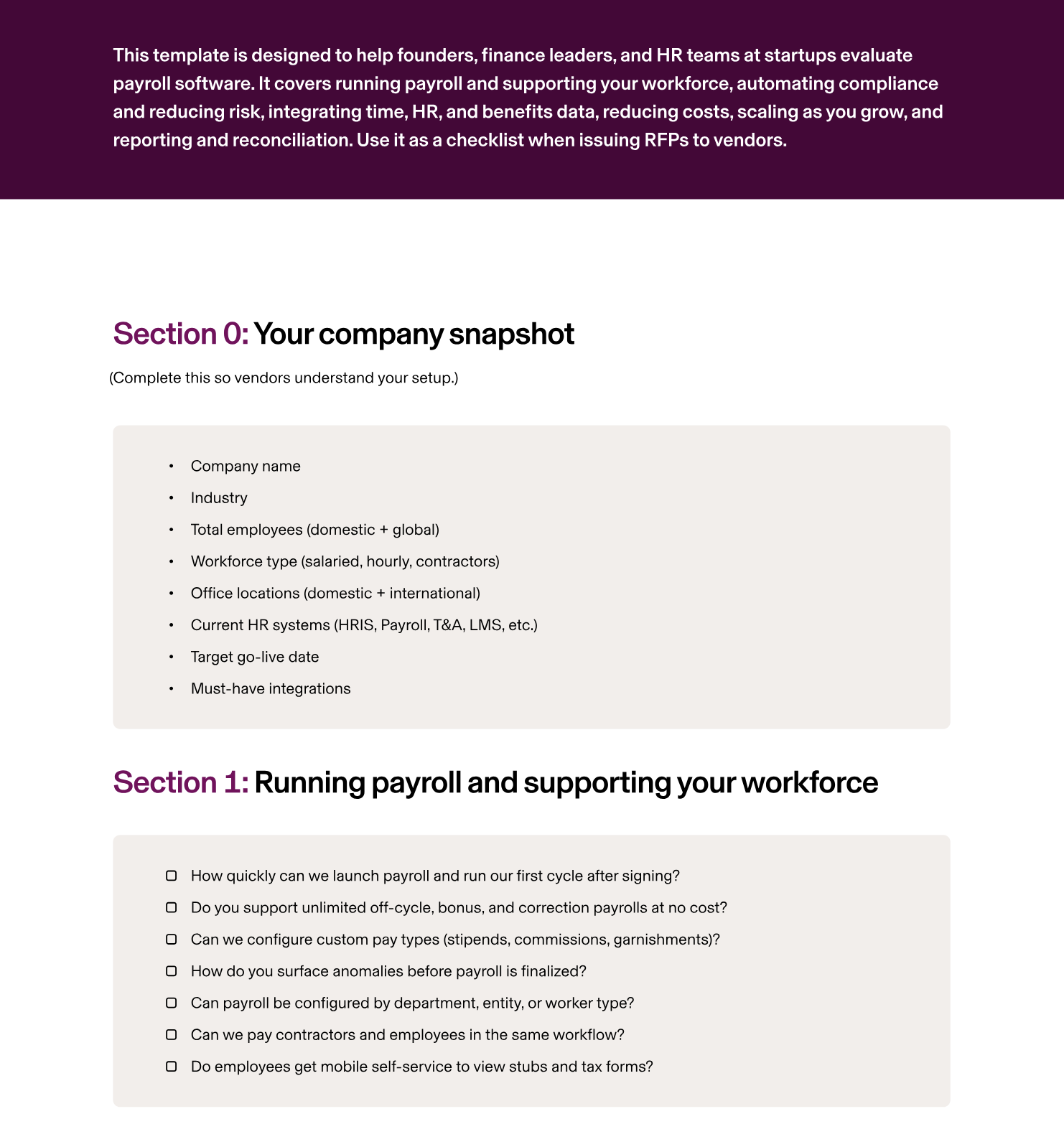 Preview of Rippling's comprehensive Payroll Software RFP Template for Startups.