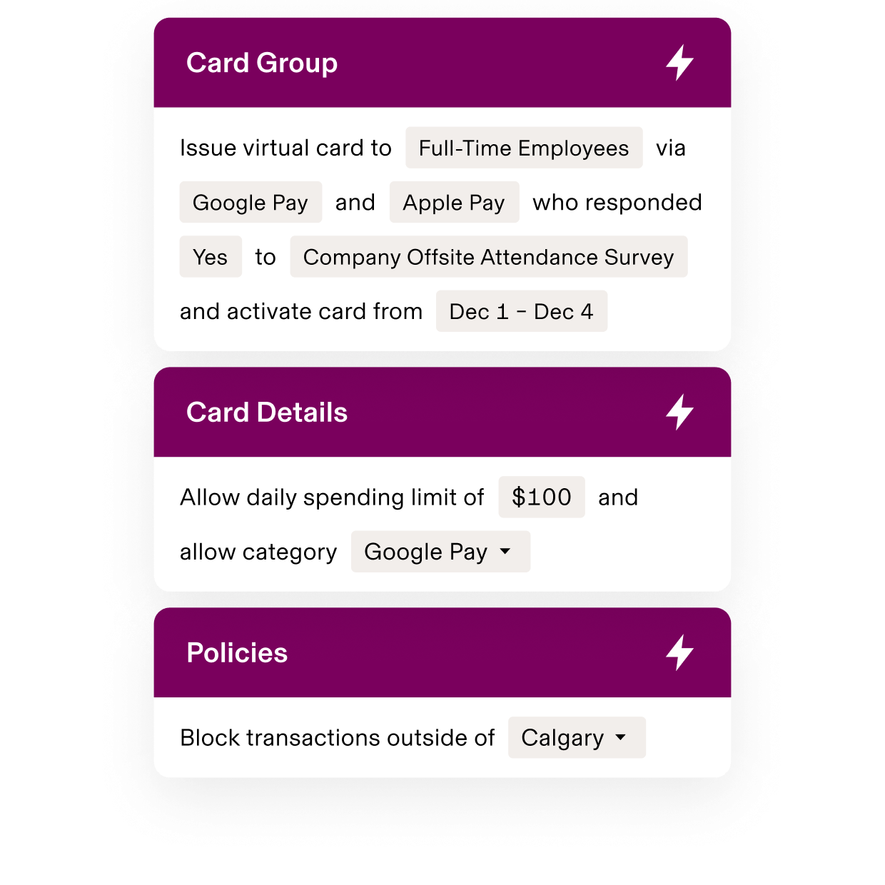 Virtual card setup interface with group settings, $100 daily limit, and location restrictions for employees attending offsite event.