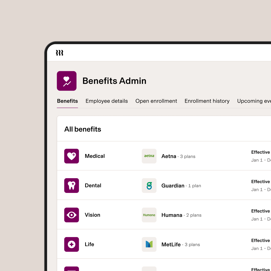 Benefits Admin dashboard showing medical, dental, vision, life, and HSA options with their respective providers and plan counts.