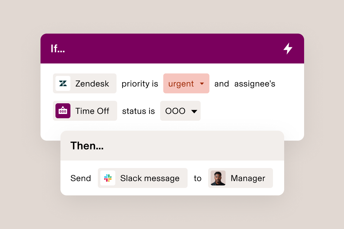Automation workflow interface showing when Zendesk ticket priority equals an urgent “send Slack message” to manager.