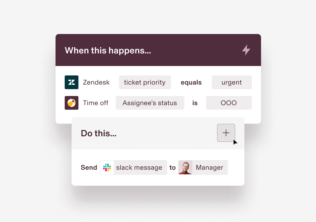 Automation workflow interface showing when Zendesk ticket priority equals urgent, send Slack message to manager.