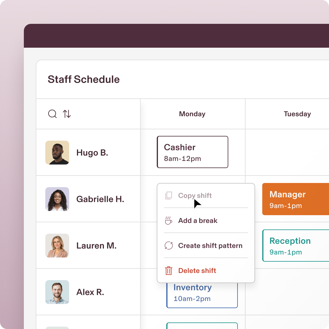 Screenshot of an employee schedule in Rippling with a cursor clicking on a shift, revealing a Copy shift option