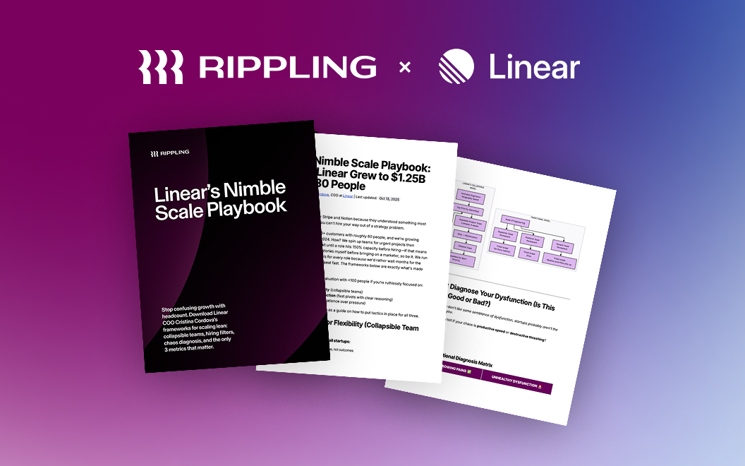 Graphic illustration of the Nimble Playbook, with 3 pages splayed out on a gradient blue and purple background.