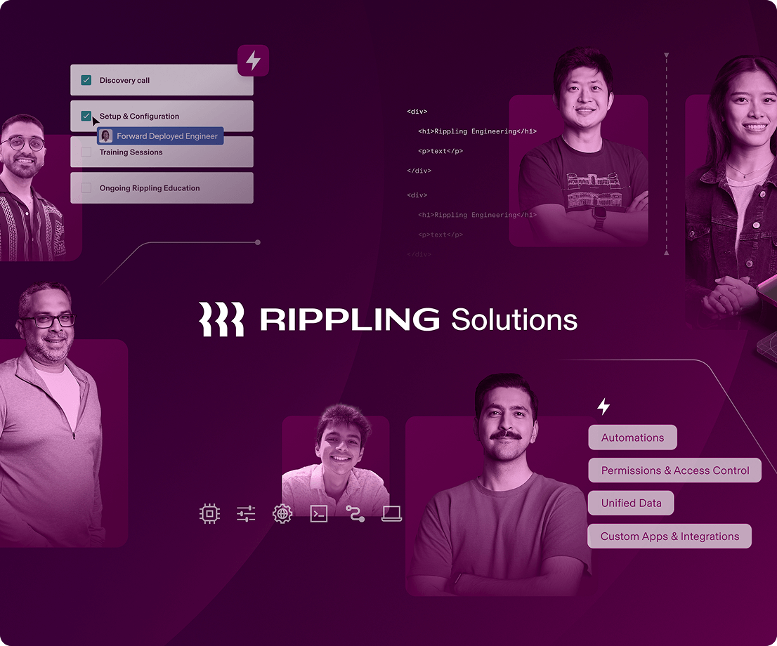 Rippling Solutions interface showing onboarding steps and features with team members against a purple background.