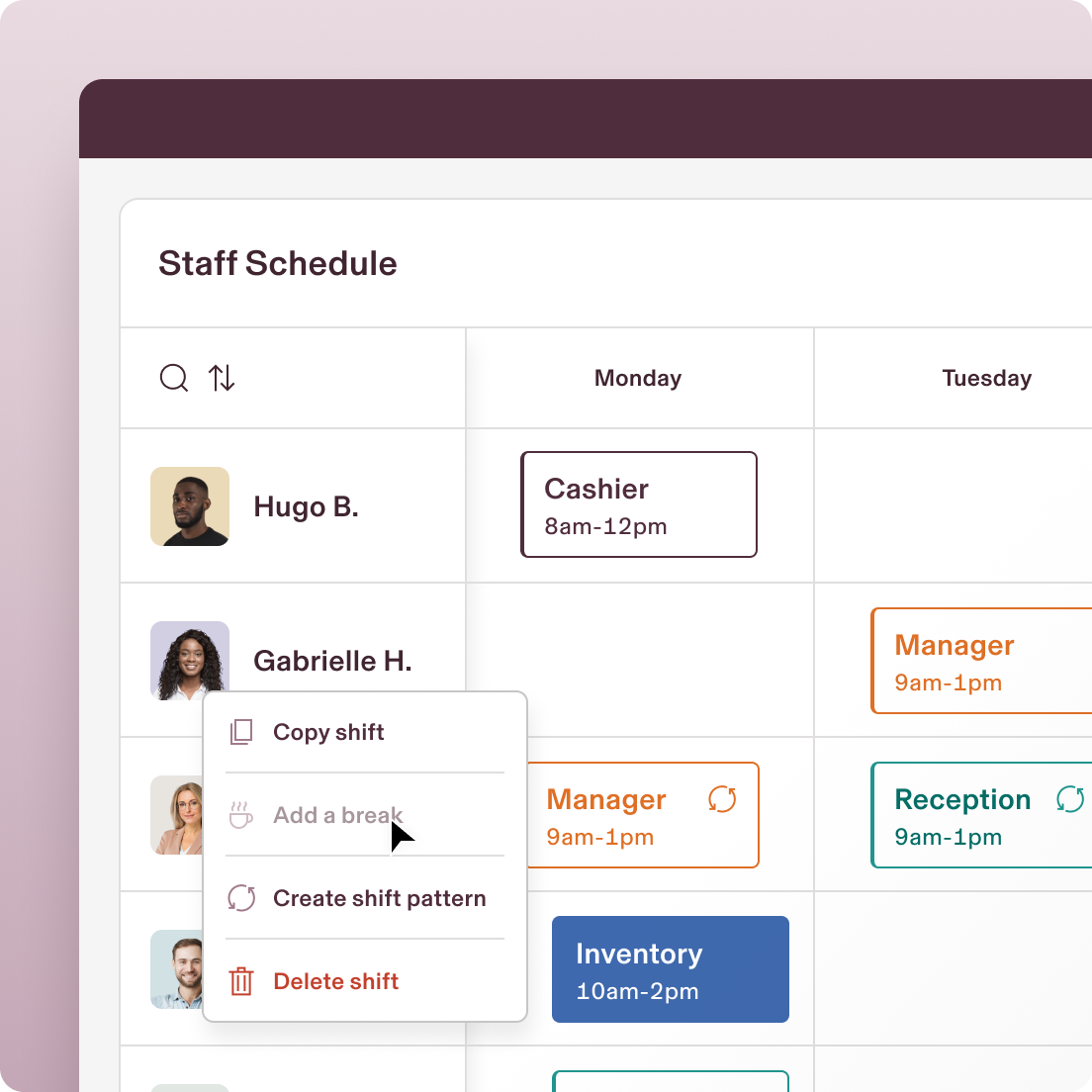 Screenshot of an employee schedule in Rippling with a cursor clicking on a shift, revealing an option labeled Add a break