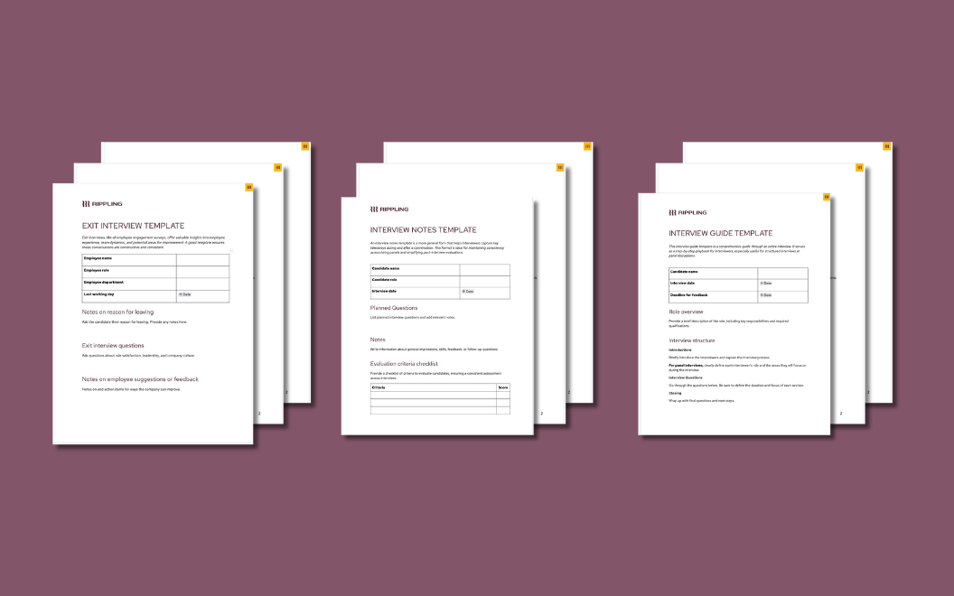 A graphic illustration of three sets of templates, including an exit interview template, interview notes template, and interview guide template