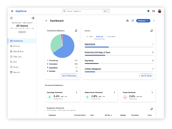 Dayforce dashboard showing US Stores data with completion statistics pie chart and variance metrics for earnings and deductions.