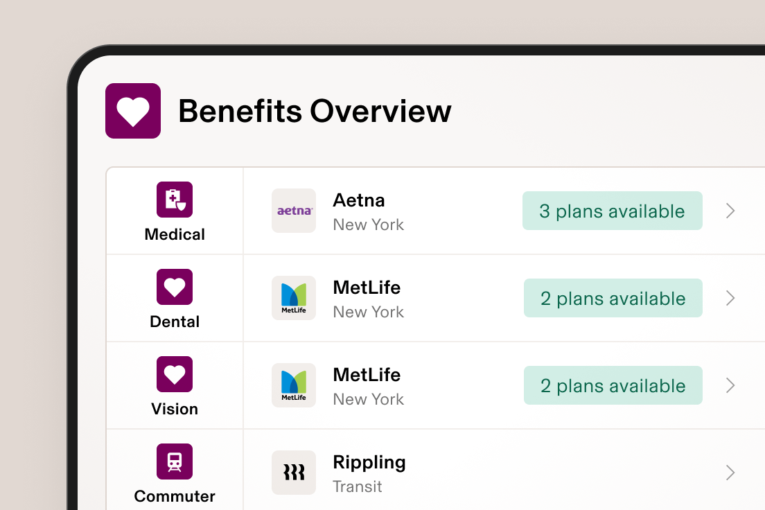 Screenshot of Benefits Admin screen in Rippling showing Dental, Vision, and Medical elections