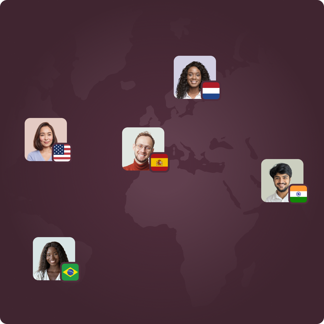 Illustrated world map with profile photos and country flags placed across regions, suggesting a global, multilingual network of people