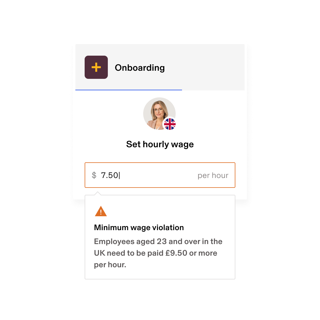 Employee onboarding screen showing minimum wage violation warning for £7.50, an hourly rate that's below the UK requirement of £9.50.