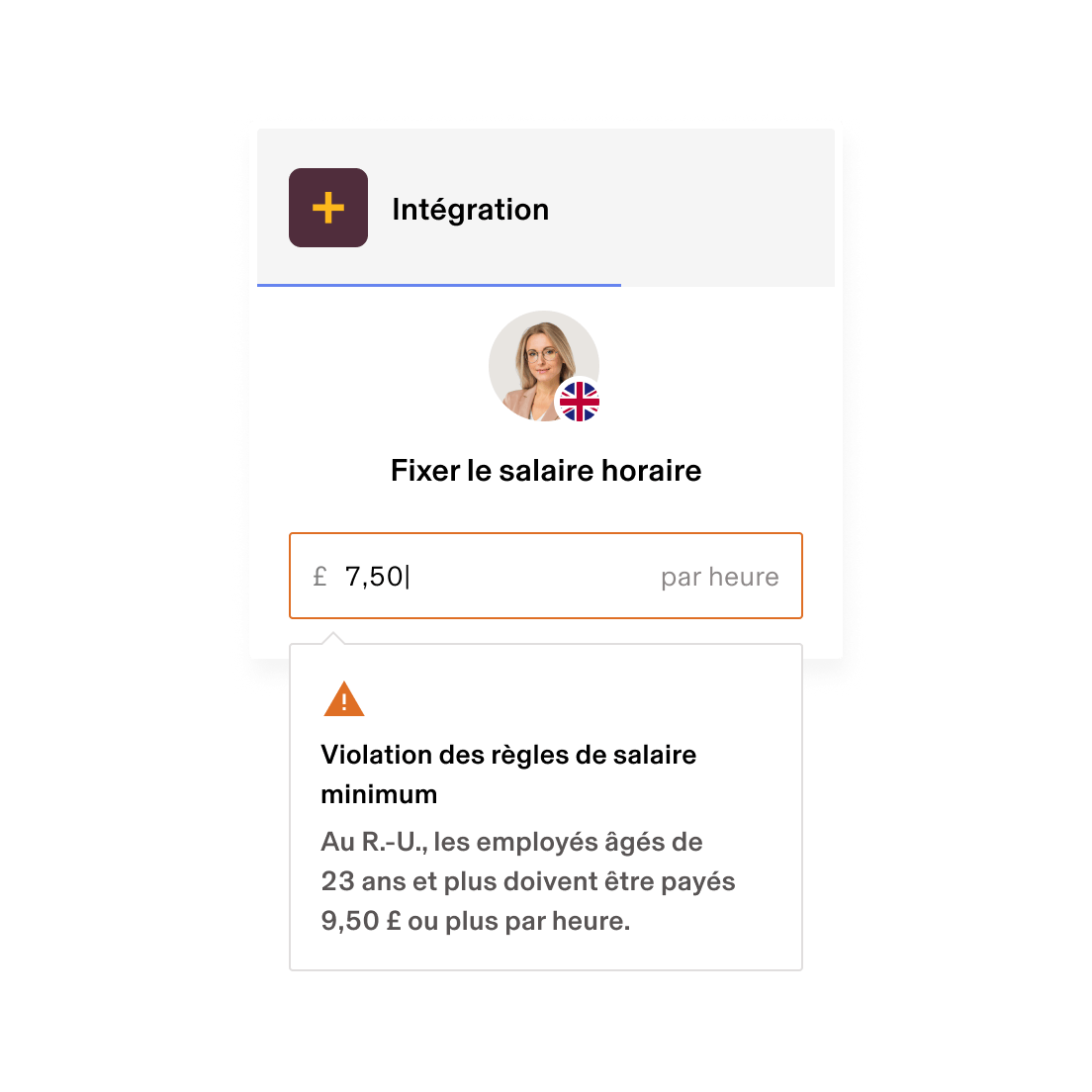 Écran d’accueil et intégration des employés affichant un avertissement concernant le non-respect du salaire minimum, avec un taux horaire de 7,50 £ inférieur au minimum requis au Royaume-Uni, qui est de 9,50 £.