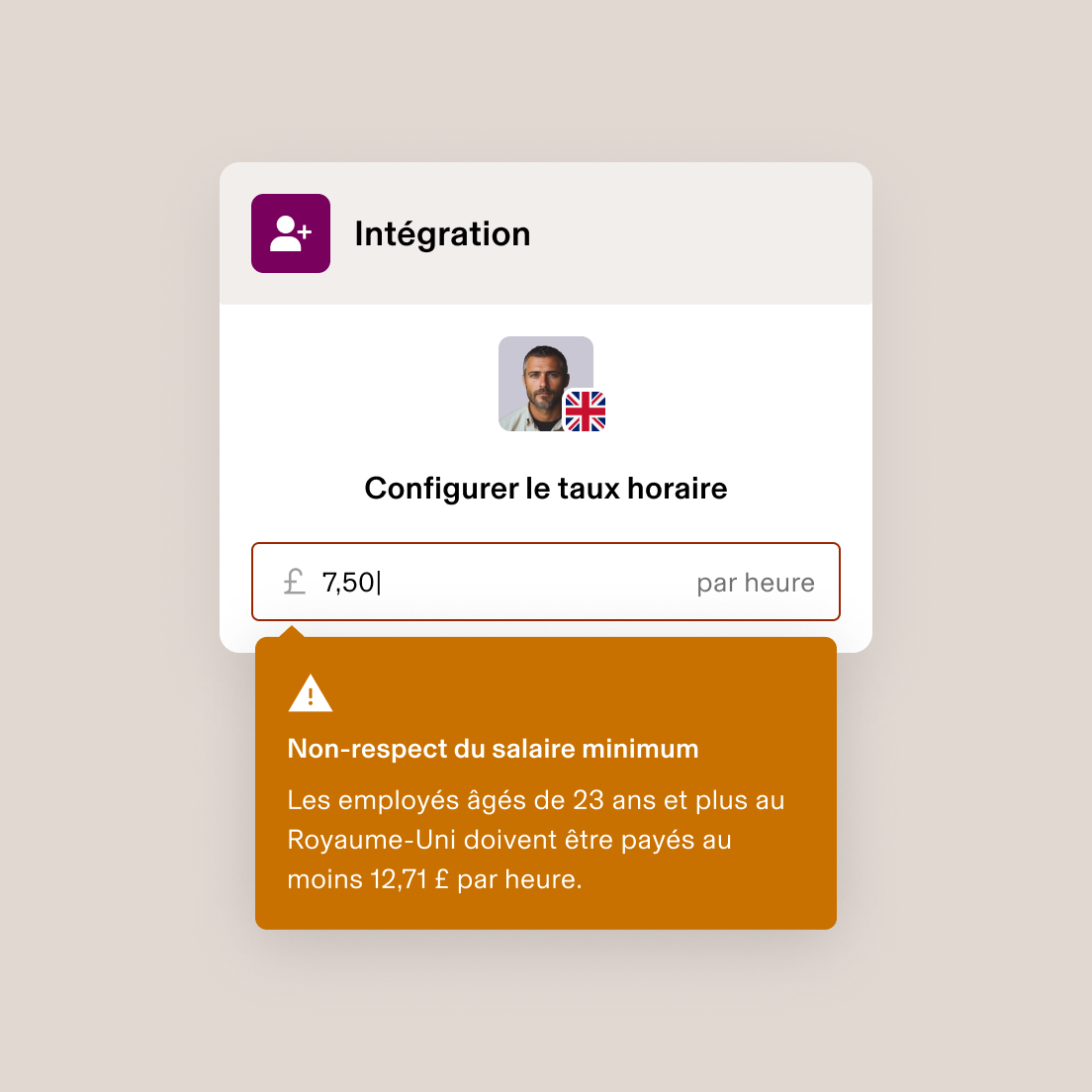 Una pantalla de incorporación de un empleado muestra una advertencia de infracción de sueldo mínimo en la tarifa de 7,50 £/hora, inferior al requisito del Reino Unido de 9,50 £/hora.