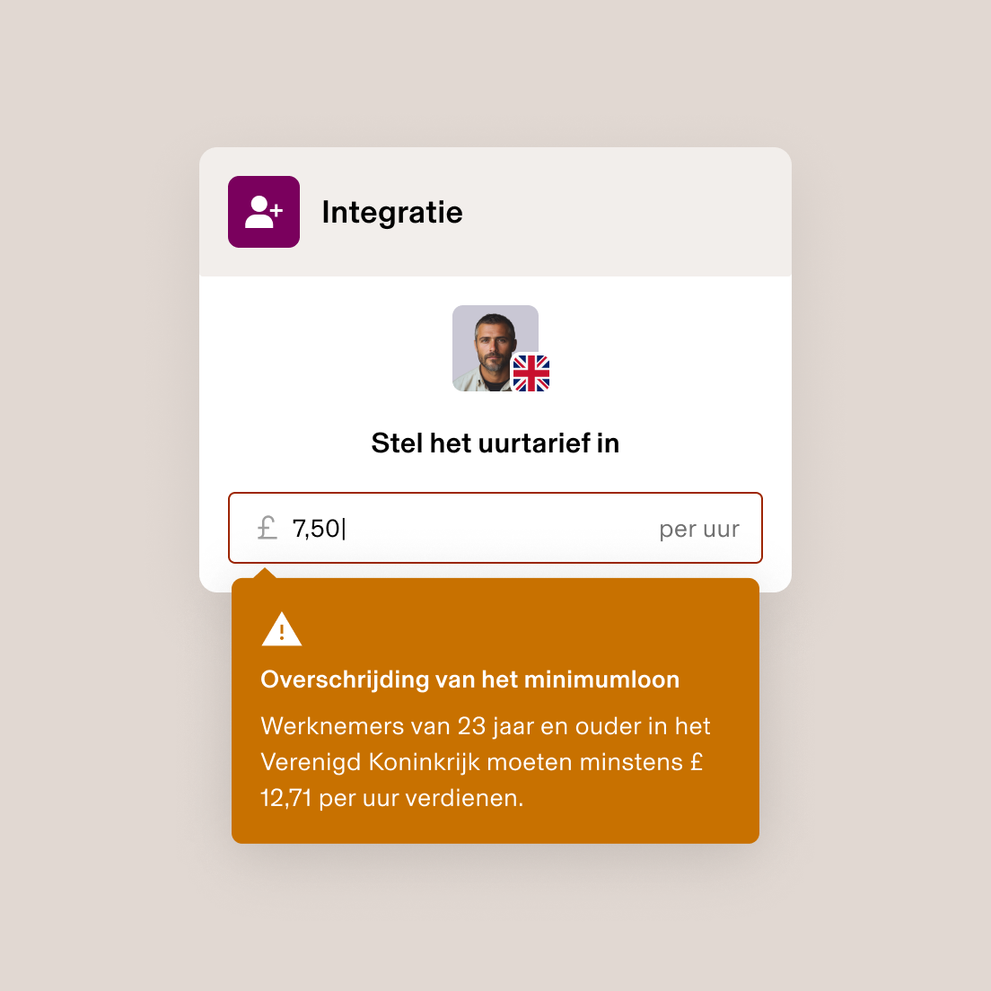 Scherm voor onboarding van nieuwe medewerkers dat een waarschuwing toont voor overtreding van een minimumloonverplichting: uurloon van ​​£7,50, wat lager is dan het in het VK vereiste minimumloon van £9,50.