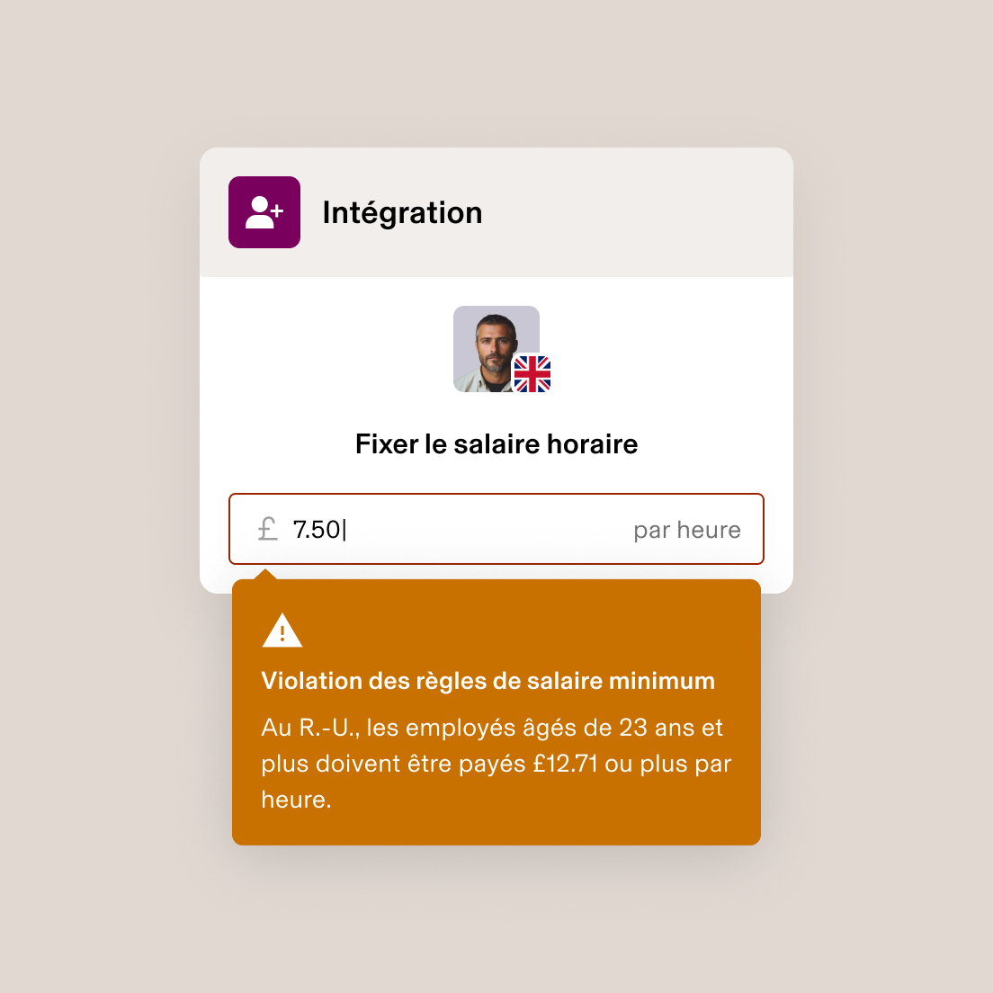 Écran d’accueil et intégration des employés affichant un avertissement concernant le non-respect du salaire minimum, avec un taux horaire de 7,50 £ inférieur au minimum requis au Royaume-Uni, qui est de 9,50 £.