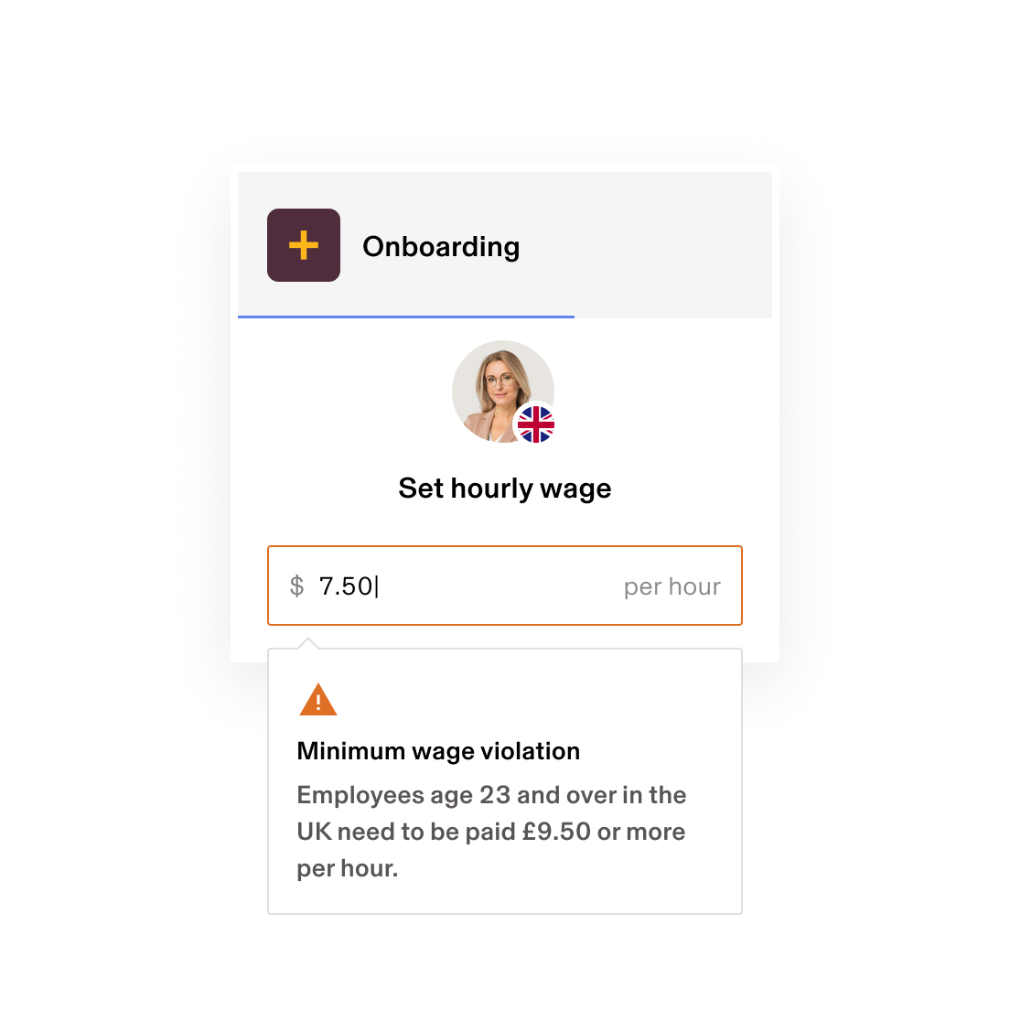 Employee onboarding screen showing minimum wage violation warning for £7.50 hourly rate that's below UK requirement of £9.50.