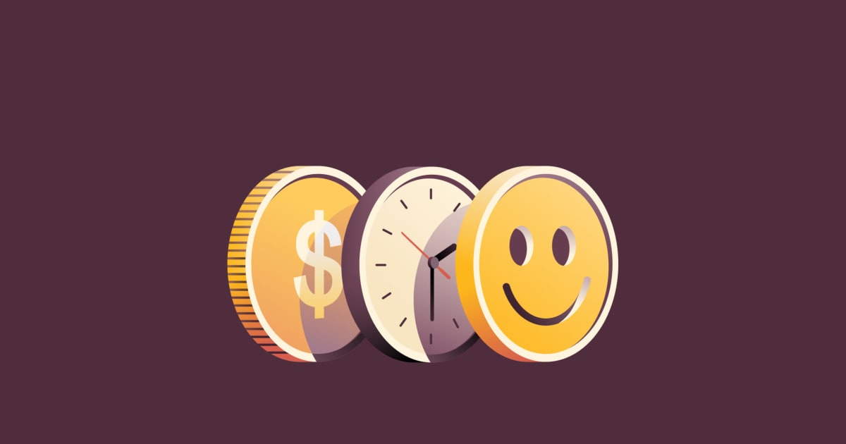 Graphic illustration of a coin, a clock, and a happy face