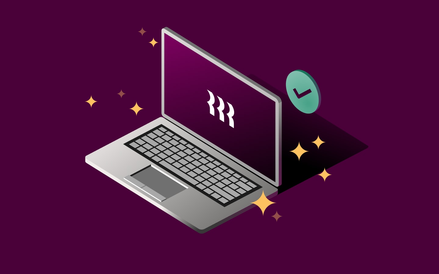 Graphic illustration of a laptop with the Rippling logo on its screen and a checkmark