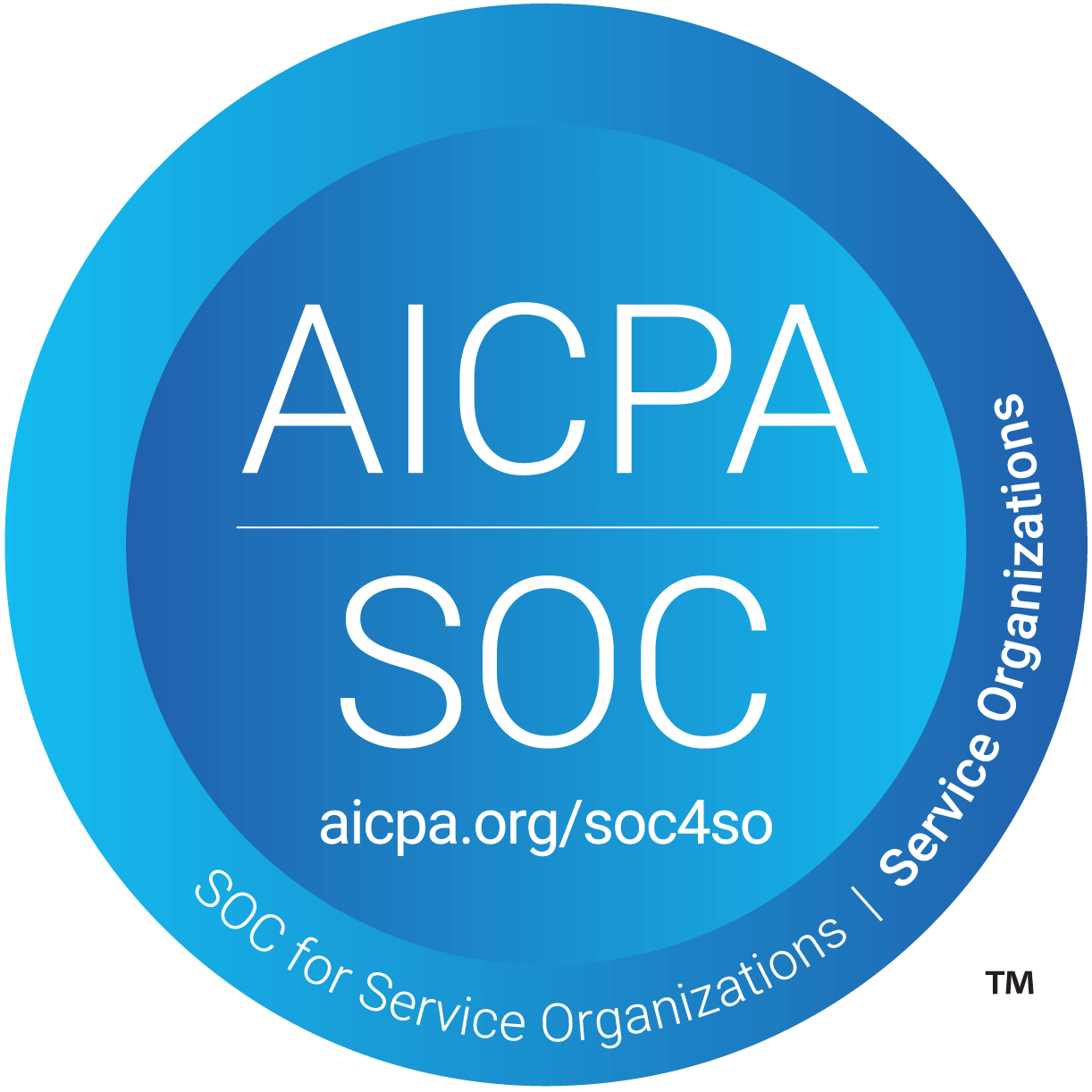 AICPA SOC certification logo in blue circular design with "SOC for Service Organizations" text and website URL.