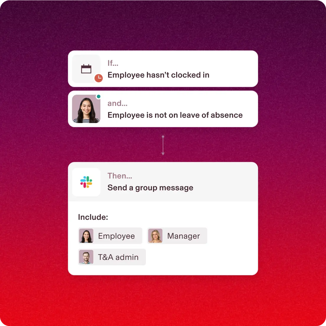 Example of an automation rule in Rippling with steps that say “If … Employee hasn’t clocked in” and “Employee is not on leave of absence”, then “Send a group message”