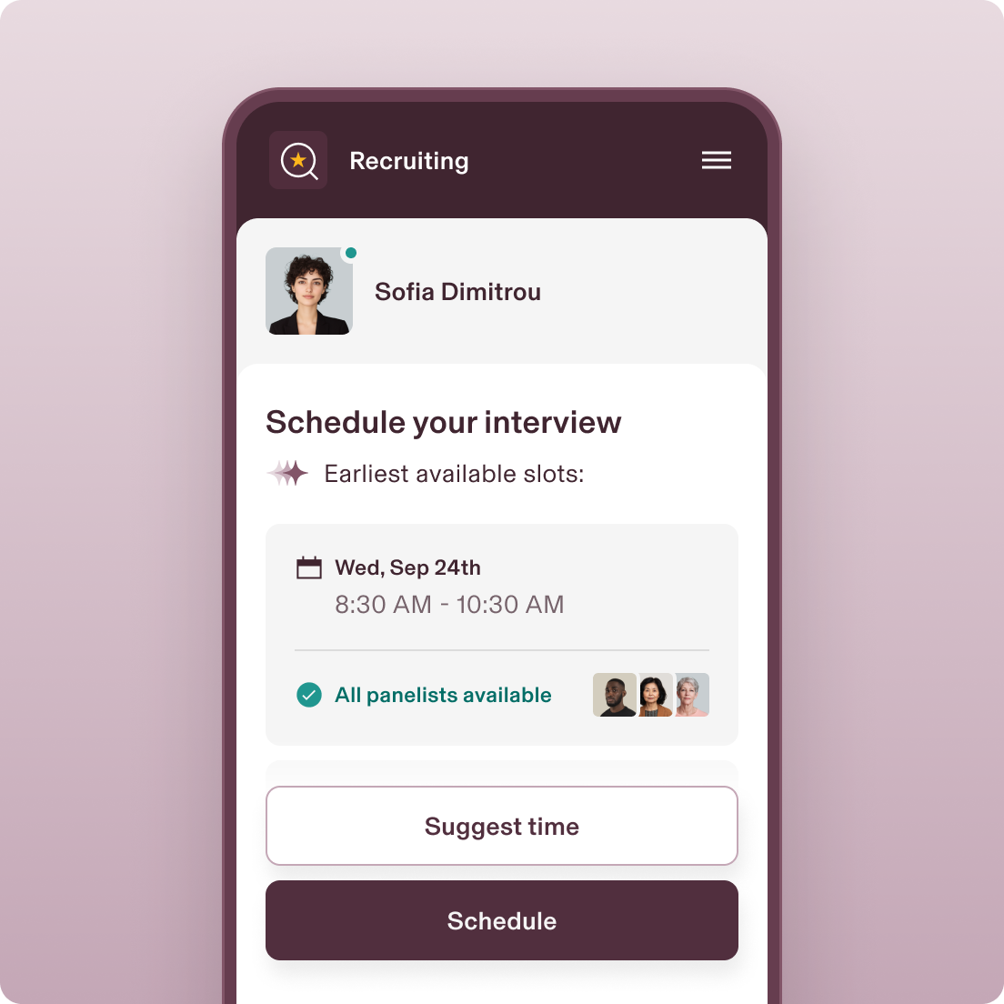 Mobile recruiting app showing interview scheduling screen with available slot on September 24th and panel availability status.